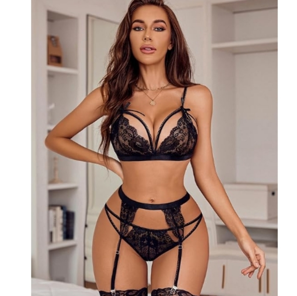 Lingerie Set Lace Teddy Strap Babydoll Bodysuit with Garter Belts New